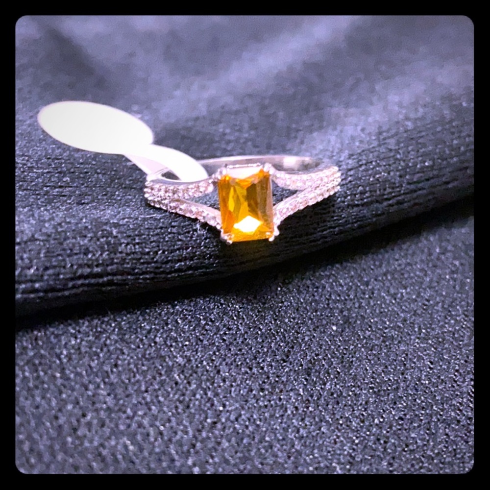 Square Orange Diamond Silver Ring
